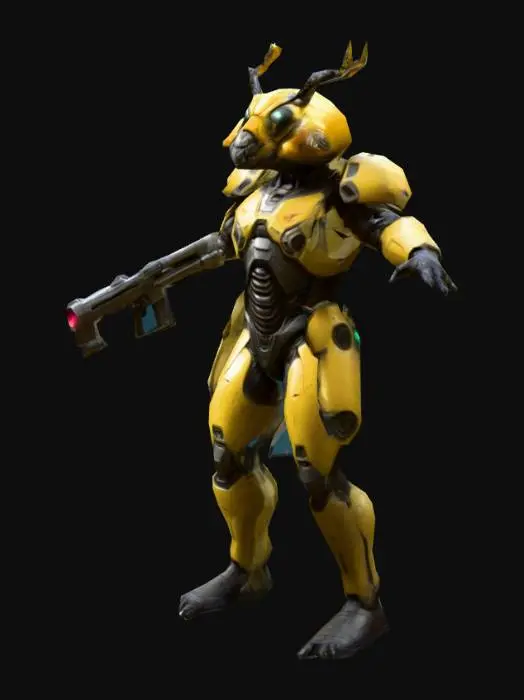 3D model for um comandante alienígena humanóide com cabeça de abelha; corpo detalhado; as mãos meio distantes do corpo; carrega uma rifle de laser de tamanho médio na mão esquerda; em A pose; arte para jogo mobile