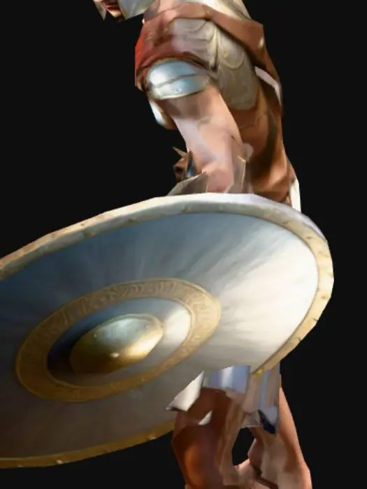 3D model for um soldado da Grécia antiga; com as mãos meio distantes do corpo; carrega um escudo e uma espada; em A pose; arte para jogo mobile