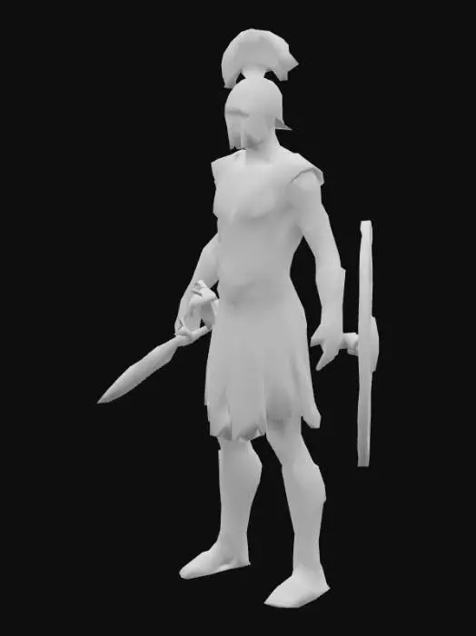 3D model for um soldado da Grécia antiga; com as mãos meio distantes do corpo; carrega um escudo e uma espada; em A pose; arte para jogo mobile