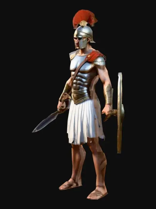 3D model for um soldado da Grécia antiga; com as mãos meio distantes do corpo; carrega um escudo e uma espada; em A pose; arte para jogo mobile