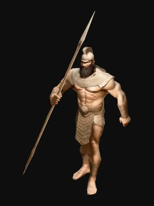 3D model for um guerreiro sumério gigante, musculoso e robusto; as mãos estão meio distantes do corpo; carrega uma lança de tamanho médio em uma das mãos; em A pose; arte para jogo mobile