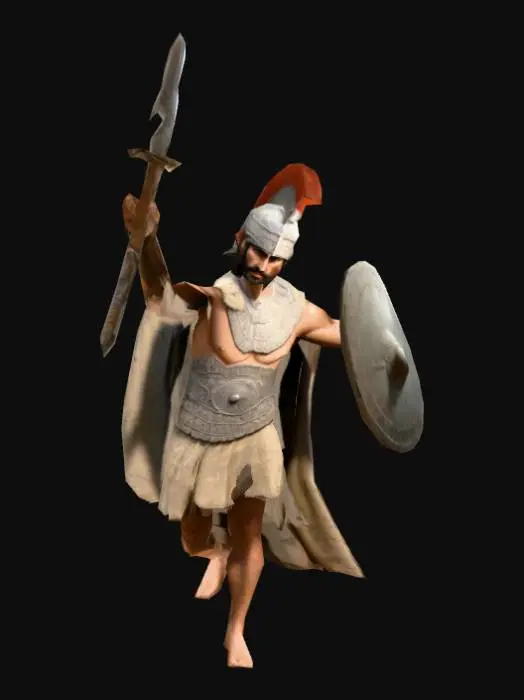 3D model for um guerreiro hitita, na época de 1000 A.C.; as mãos meio distantes do corpo; carrega uma espada na mão direita, e um escudo na mão esquerda; em A pose; arte para jogo mobile