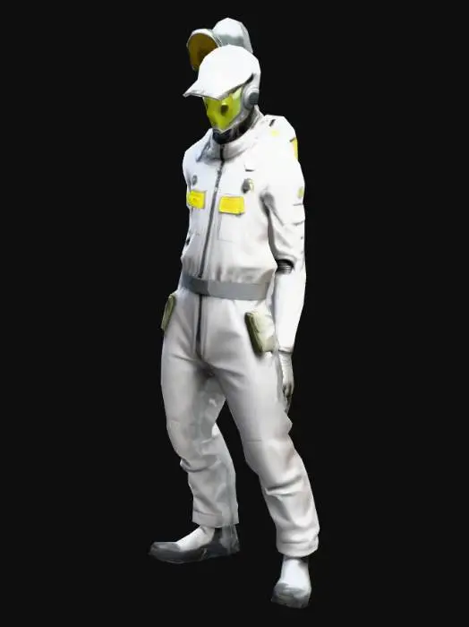 3D model for um alienígena técnico industrial; veste um traje cinza claro de operacões de inspeção;  as mãos meio distantes do corpo;  carrega um contador geiger na mão esquerda; em A pose; arte para jogo mobile