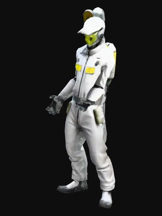 3D model for um alienígena técnico industrial; veste um traje cinza claro de operacões de inspeção;  as mãos meio distantes do corpo;  carrega um contador geiger na mão esquerda; em A pose; arte para jogo mobile