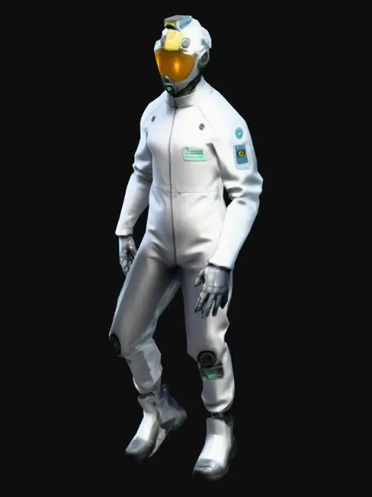3D model for um humano técnico industrial futurístico; veste um traje de inspeção de máquinas eletrônicas; as mãos meio distantes do corpo; carrega um medidor de radiação de máquinas industriais; em A pose; arte para jogo mobile