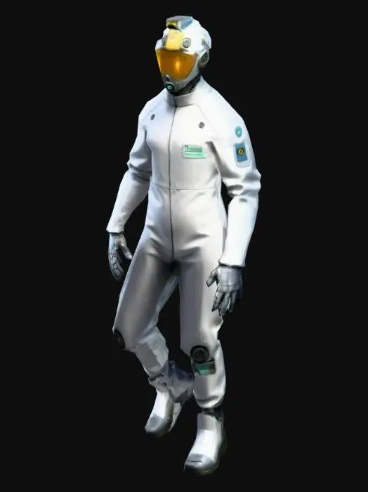 3D model for um humano técnico industrial futurístico; veste um traje de inspeção de máquinas eletrônicas; as mãos meio distantes do corpo; carrega um medidor de radiação de máquinas industriais; em A pose; arte para jogo mobile