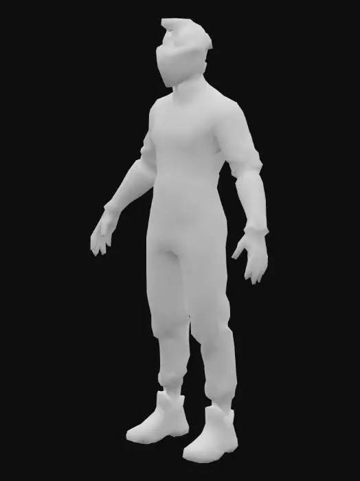 3D model for um humano técnico industrial futurístico; veste um traje de inspeção de máquinas eletrônicas; as mãos meio distantes do corpo; carrega um medidor de radiação de máquinas industriais; em A pose; arte para jogo mobile