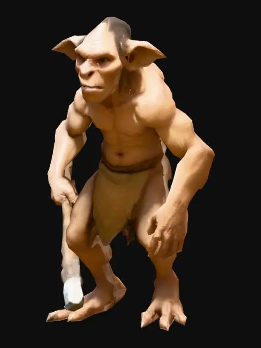 3D model for um troglodita pré-histórico; as mãos meio e um pouco mais distantes do corpo; com uma clava curta na mão direita; em A pose; arte para jogo mobile