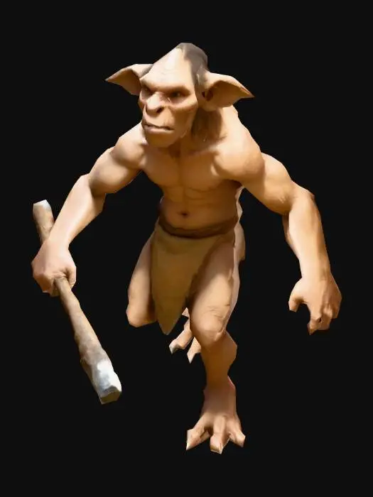 3D model for um troglodita pré-histórico; as mãos meio e um pouco mais distantes do corpo; com uma clava curta na mão direita; em A pose; arte para jogo mobile
