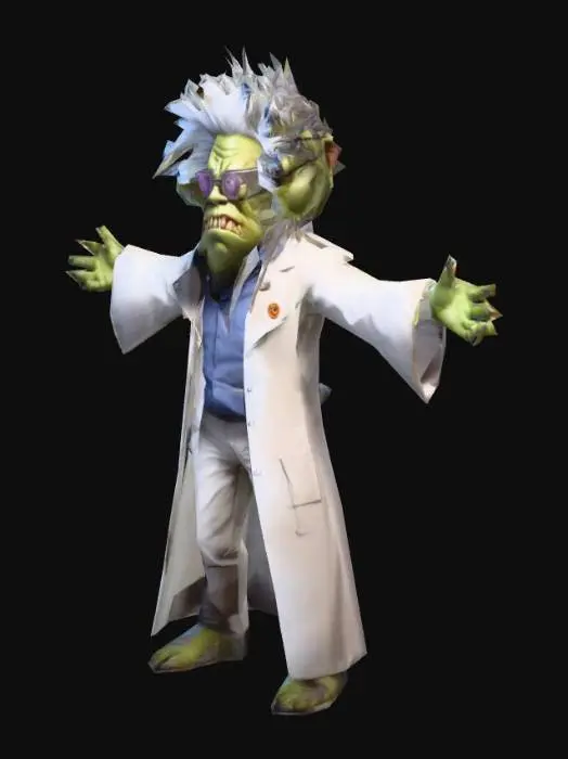 3D model for um ogro cientista maluco futurístico; com óculos grandes e quadrados,  roupa de cientista clássico; arte para jogo mobile