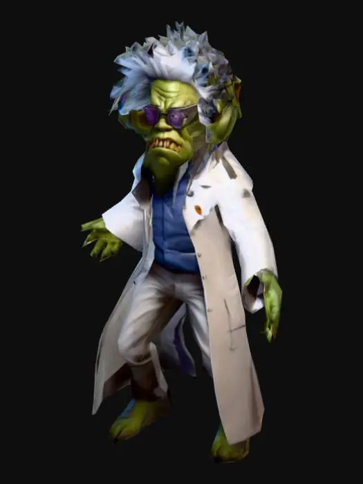 3D model for um ogro cientista maluco futurístico; com óculos grandes e quadrados,  roupa de cientista clássico; arte para jogo mobile