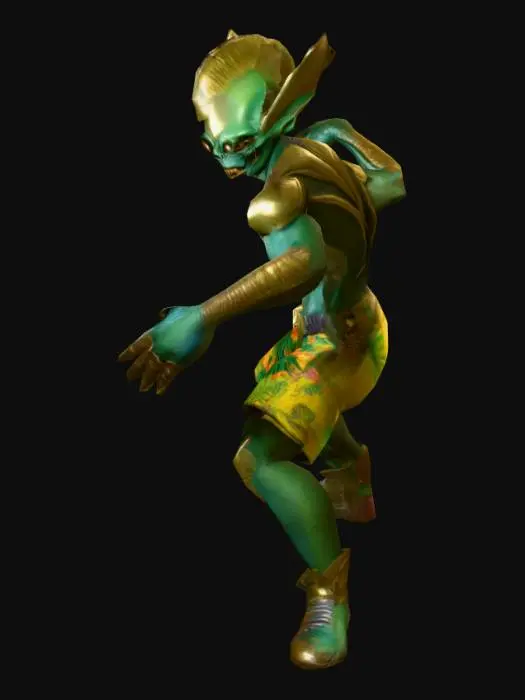 3D model for um alien bandido; robusto, e forte; com alguns dentes de ouro; vestindo roupas tropicais alienígena; arte para jogo mobile