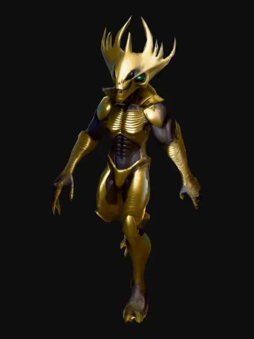 3D model for um alien bandido; robusto, e forte; com alguns dentes ponteagudos de ouro; vestindo roupas de praia futurística; arte para jogo mobile