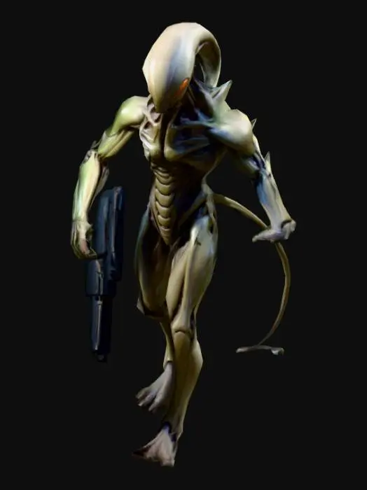3D model for a Sectoid alien,  from X-Com 2 game desktop; in A pose; art for mobile game
