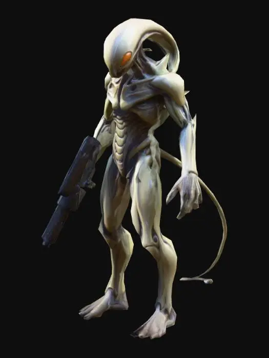3D model for a Sectoid alien,  from X-Com 2 game desktop; in A pose; art for mobile game