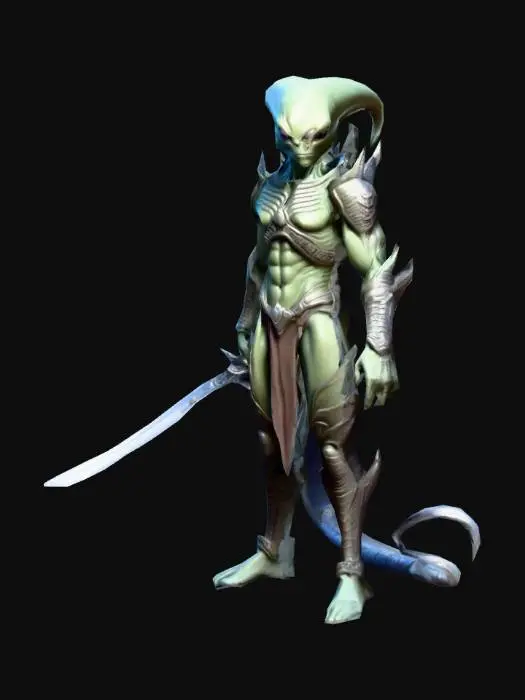3D model for um guerreiro alienígena, em pose A, com um espada, arte para jogo mobile