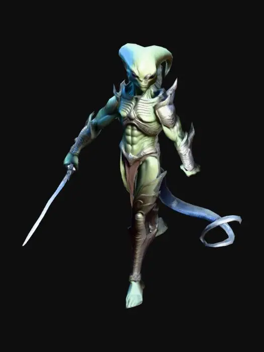 3D model for um guerreiro alienígena, em pose A, com um espada, arte para jogo mobile