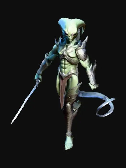 3D model for um guerreiro alienígena, em pose A, com um espada, arte para jogo mobile