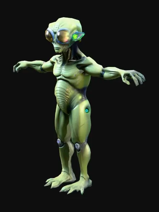 3D model for um médico alienígena gênio; robusto, com um medidor geiger futurístico; em pose A; arte para jogo mobile