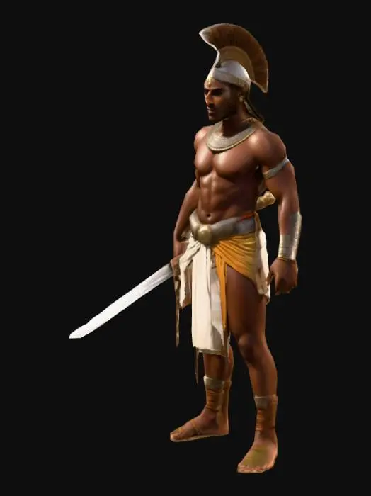 3D model for um guerreiro núbio da época da antiguidade, pose A, com uma espada na mão direita, arte para jogo mobile