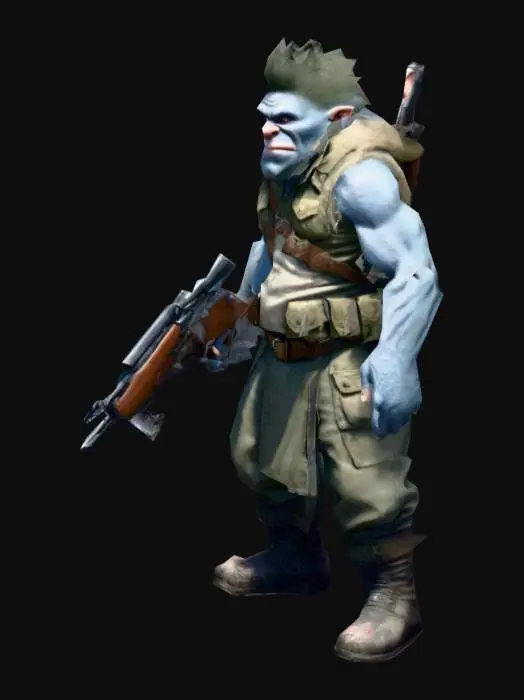 3D model for um Troll líder de regimento, época no século XXI;  pose A; com um rifle curto e pequeno na mão direita; arte para jogo desktop