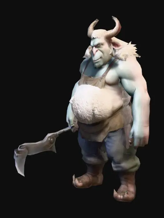 3D model for um ogro fazendeiro;;  pose A; segurando na mão esquerda uma tesoura muito pequena de tosquiar ovelha; arte para jogo mobile