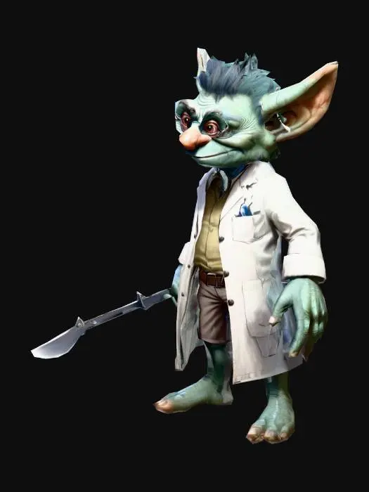 3D model for uma troll cientista gênia; pose A; com uma faca de cirurgia  pequena na mão esquerda; arte para jogo mobile