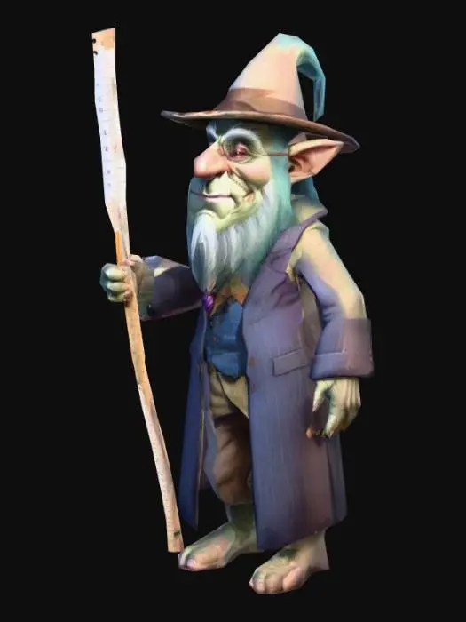 3D model for um troll professor; pose A; segurando  na mão direita uma régua escolar; arte para jogo mobile