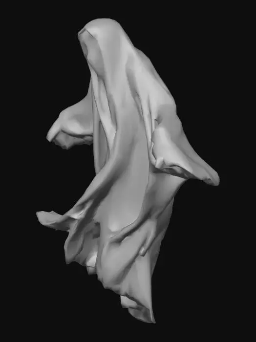 3D model for #Halloween2025#, Um fantasma clássico, etéreo e translúcido, flutuando suavemente. Sua forma é composta por uma substância esbranquiçada e semi-transparente, lembrando um lençol antigo e desgastado com dobras fluidas. Possui olhos escuros e vazios, emitindo um brilho sutil e espectral. A textura é quase imperceptível, sugerindo uma consistência gasosa e incorpórea que se move com uma leveza sobrenatural.
