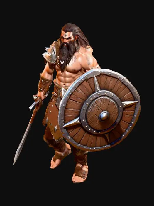 3D model for a highly detailed robust fantasy barbarian warrior in A pose, art for mobile game