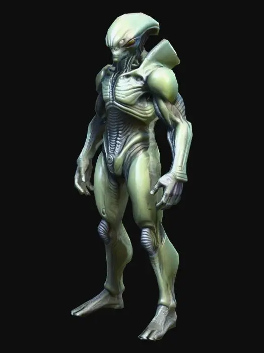 3D model for an Alien engineer of  UFO, A pose; realistic fantasy style, detailed textures, accurate anatomy, modeling reference; art for mobile game
