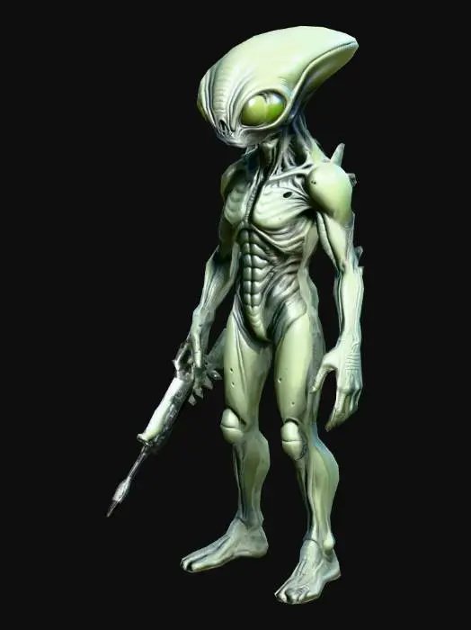 3D model for an Alien technician of  UFO, A pose; realistic fantasy style, detailed textures, accurate anatomy, modeling reference; art for mobile game