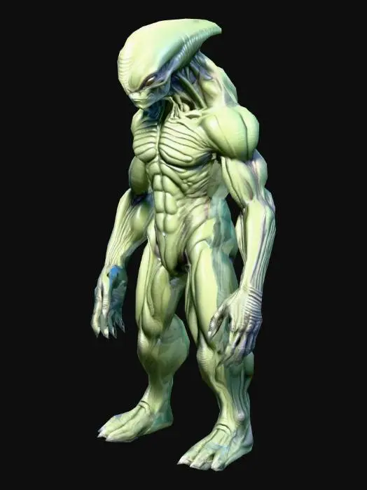 3D model for A highly detailed  Alien Cientist genius  model style cartoon with a massive, muscular body and rough,  A pose