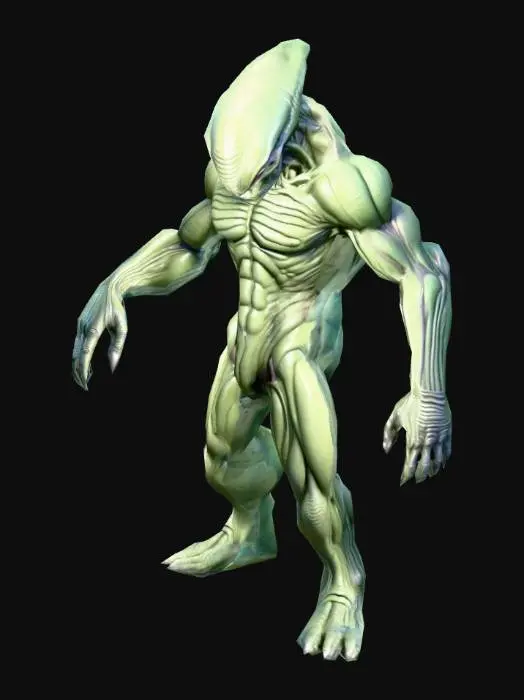 3D model for A highly detailed  Alien Cientist genius  model style cartoon with a massive, muscular body and rough,  A pose