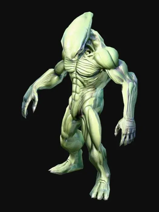 3D model for A highly detailed  Alien Cientist genius  model style cartoon with a massive, muscular body and rough,  A pose