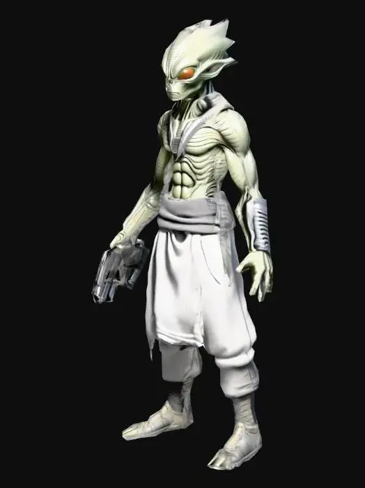 3D model for an  Alien Warrior cartoon,skin gray, with cotton clothes, natural A pose, extremed details, with laser pistol weapon