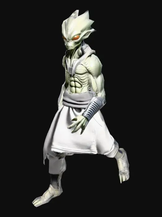 3D model for an  Alien Warrior cartoon,skin gray, with cotton clothes, natural A pose, extremed details, with laser pistol weapon