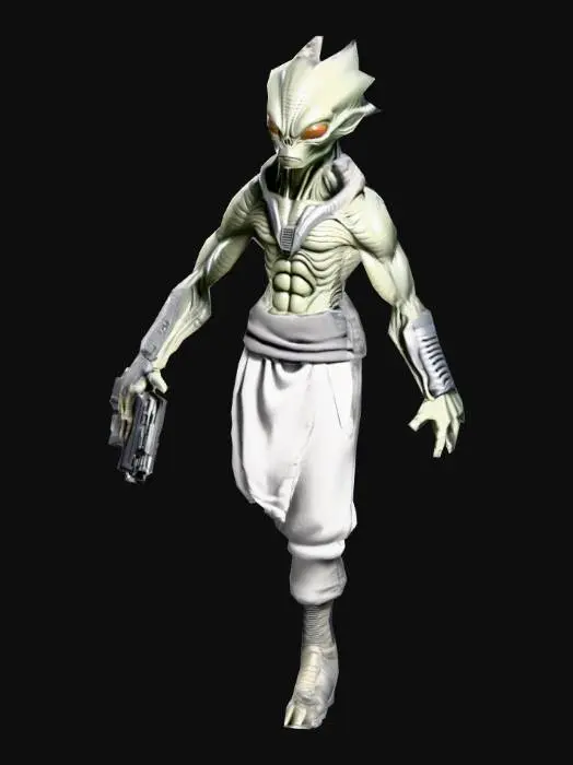 3D model for an  Alien Warrior cartoon,skin gray, with cotton clothes, natural A pose, extremed details, with laser pistol weapon