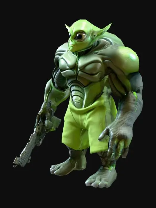3D model for an  Alien Warrior cartoon, big eyes, robust, skin dark gray, with light green cotton clothes style fiction science, natural A pose, extremed details, with ion pistol weapon