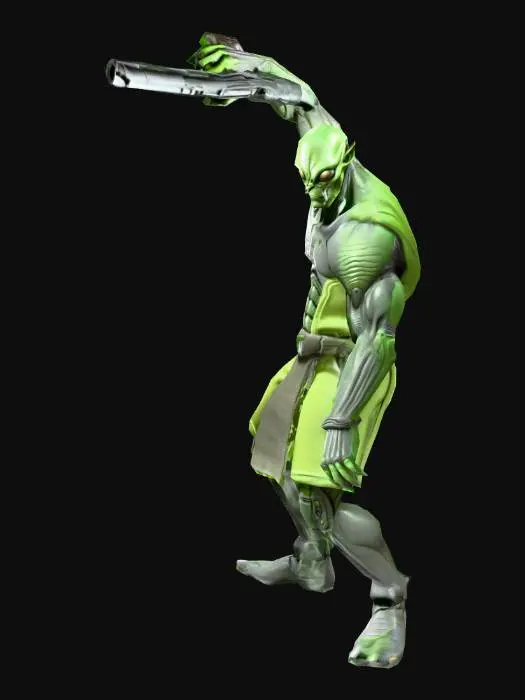 3D model for an  Alien Warrior cartoon,robust, skin dark gray, with light green cotton clothes, natural A pose, extremed details, with ion pistol weapon