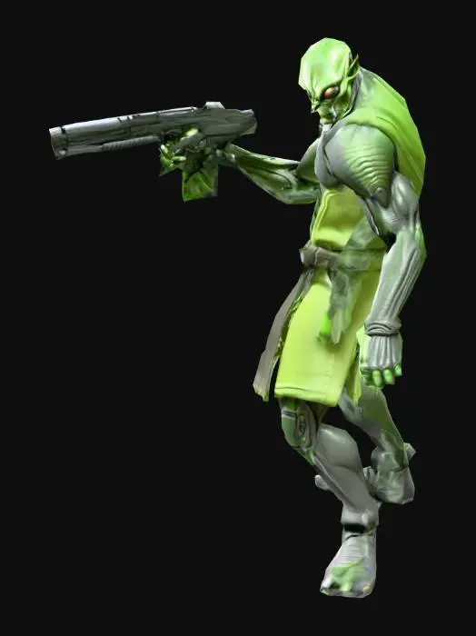 3D model for an  Alien Warrior cartoon,robust, skin dark gray, with light green cotton clothes, natural A pose, extremed details, with ion pistol weapon
