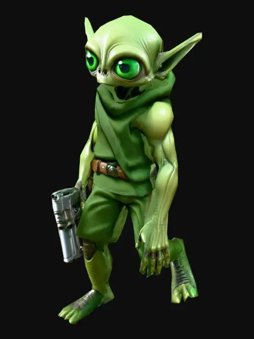 3D model for an  Alien Warrior cartoon, big eyes, robust, skin dark green, with light green cotton clothes, natural A pose, extremed details, with gun pistol weapon