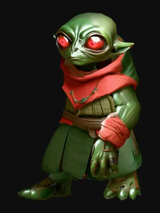 3D model for an  Alien Warrior cartoon, huge eyes, robust, skin dark green, with light red flax clothes, natural A pose, extremed details, with laser pistol weapon