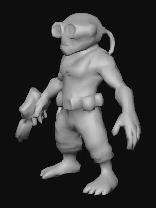 3D model for an  Alien Warrior cartoon, huge yellow eyes, robust, skin dark gray, with light red flax red clothes, natural A pose, extremed details, with ionic pistol weapon