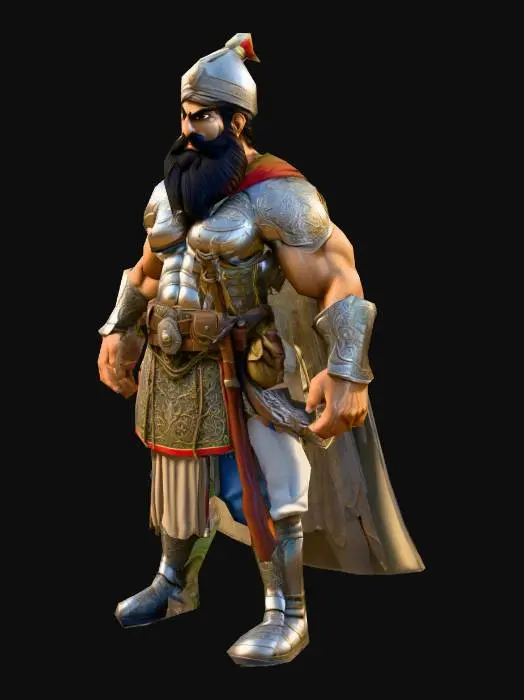 3D model for A highly detailed Persian Soldier  model style cartoon, with a massive, muscular body and rough, natural A pose