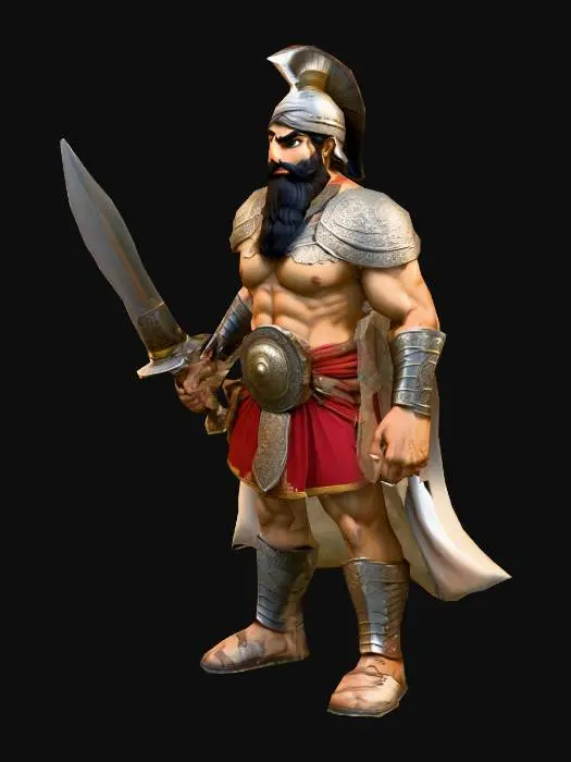 3D model for A highly detailed Persian Soldier  model style cartoon, with a massive, muscular body and rough, natural A pose, with a short sword weapon