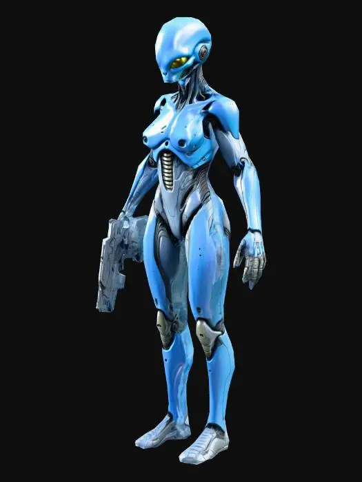 3D model for an Alien Android; in natural  A pose; with ion pistonl weapon; in colors blue and gray;art for mobile game