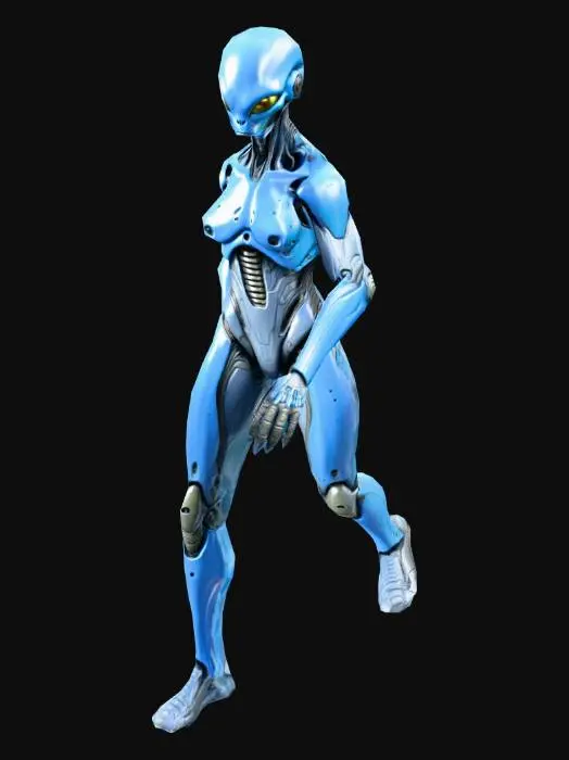 3D model for an Alien Android; in natural  A pose; with ion pistonl weapon; in colors blue and gray;art for mobile game