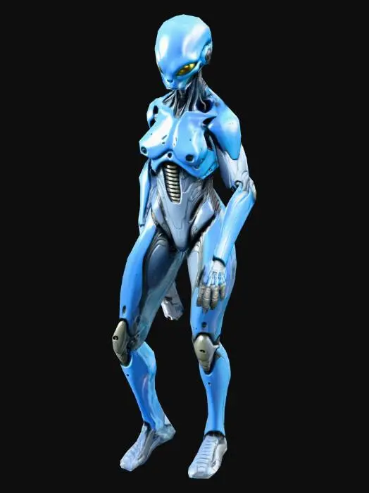 3D model for an Alien Android; in natural  A pose; with ion pistonl weapon; in colors blue and gray;art for mobile game