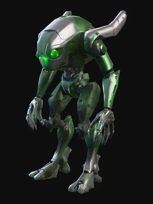 3D model for an Alien Robot, in colors dark green and gray, with a laser pistol, art for gama mobile